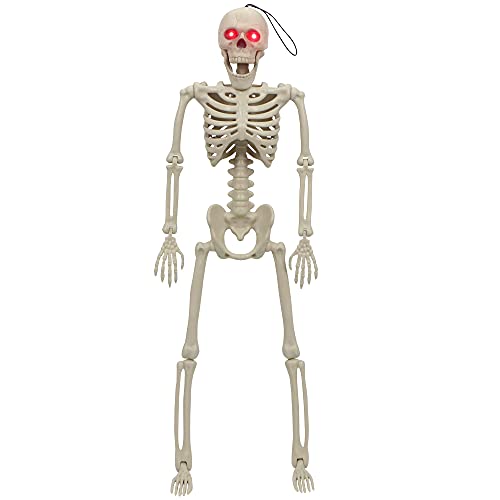 JOYIN Esqueleto de Halloween de 61 cm con ojos de luz LED roja, huesos de plástico humano con articulaciones posables, esqueleto para decoración de interiores o exteriores, casa embrujada o cementerio