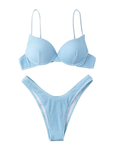 MakeMeChic Traje de baño de 2 piezas para mujer, bikini de corte alto, Azul claro, M