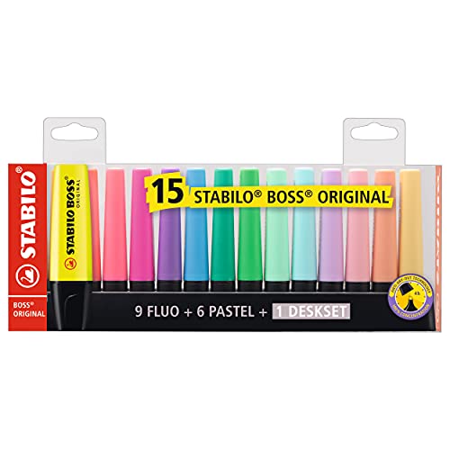 Stabilo Boss - Rotulador fluorescente de 70 ampollas, paquete de 15 colores surtidos