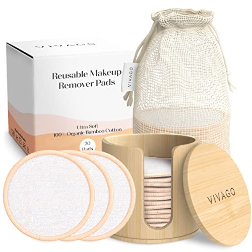 VIVAGO - Almohadillas reutilizables para quitar maquillaje – 20 piezas de algodón orgánico suave redondo con cordón lavable bolsa de lavandería y soporte de bambú – Todo tipo de piel piel – Paño de limpieza facial