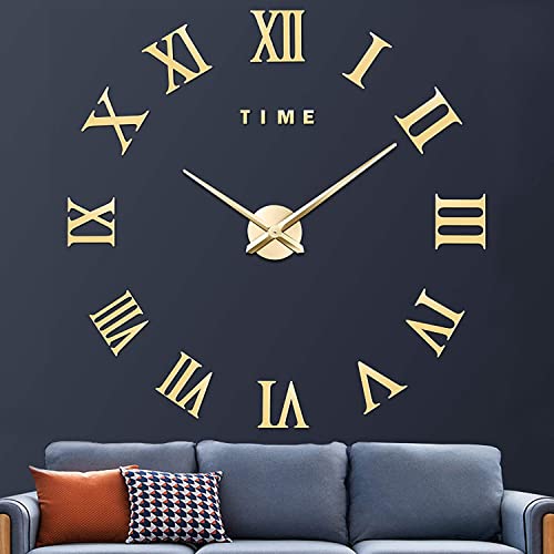 VREAONE Reloj de pared grande 3D, con números romanos gigantes, sin marco, espejo grande, decoración del hogar, sala de estar, dormitorio, decoración de pared (dorado)