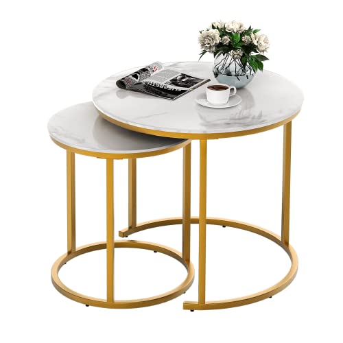 IDEALHOUSE Juego de 2 mesas de centro redondas, modernas mesas de café con textura de mármol para sala de estar, mesa anidada para sala de recepción y oficina (oro y blanco)