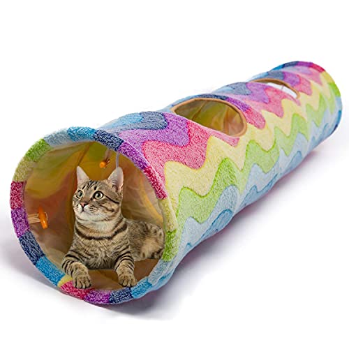 LUCKITTY - Túnel plegable para gatos con bolas de peluche, para pequeñas mascotas, conejos, gatitos, hurones, cachorros y perros, color arcoíris