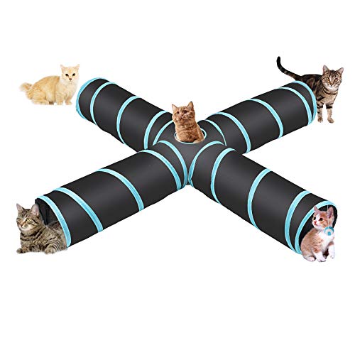 CO-Z Túnel Plegable para Gatos de 4 Vías con Juguetes para Gatos Conejos Cachorros Uso en Interiores o al Aire Libre (Azul)