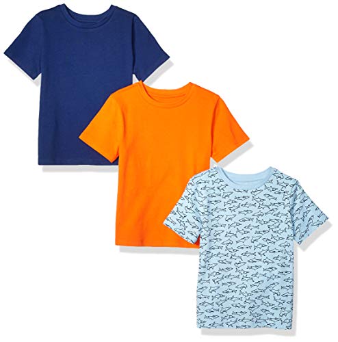 Amazon Essentials Boys' Camiseta de manga corta para niños pequeños, paquete de 3 Shark/Blue/Orange2T