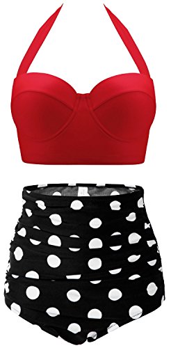 CHERRY CAT 50s Pin-Up Swimwear Retro Polka Swimsuit High Waist Bikini (Red&Black,S)