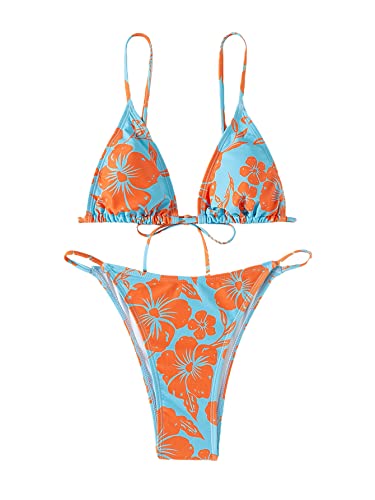 MakeMeChic Conjunto de bikini triangular de 2 piezas para mujer, Azul y anaranjado, L