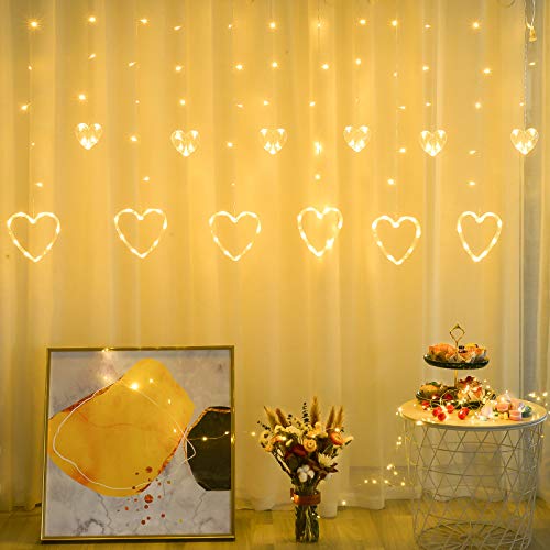 Mega-Loopolis - Cadena de luces LED para cortina de ventana, 138 LED, 12 luces colgantes en forma de corazón, conectables 8 modos intermitentes, luces de boda para fiestas de San Valentín, patio, césped, ventana, blanco cálido