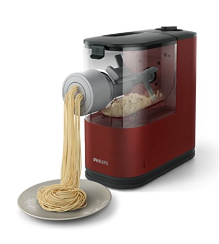 Philips HR2372/05 - Máquina compacta para hacer pasta y fideos con 3 platos intercambiables en forma de pasta, color rojo