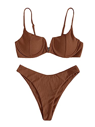 SheIn Conjunto de bikini de 2 piezas para mujer, corte alto, brasier con aros, traje de baño, Marrón, M
