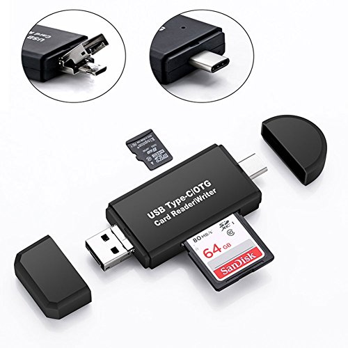 3 en 1 USB 3.0 Lector de Tarjeta, Card Reader con USB 3.0/USB Tipo C/Micro USB Soporta Tarjeta Memoria TF, SD y Micro SD, Negro