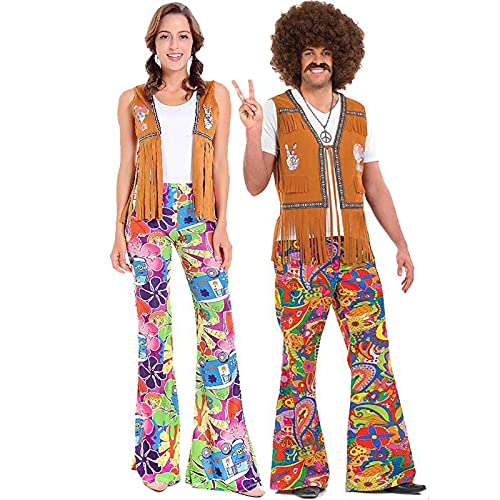 LUKU Disfraz de Hippie Parejas Peacemaker Borla Chaleco Pantalones Acampanados los 70 Halloween Cosplay Retro Costume
