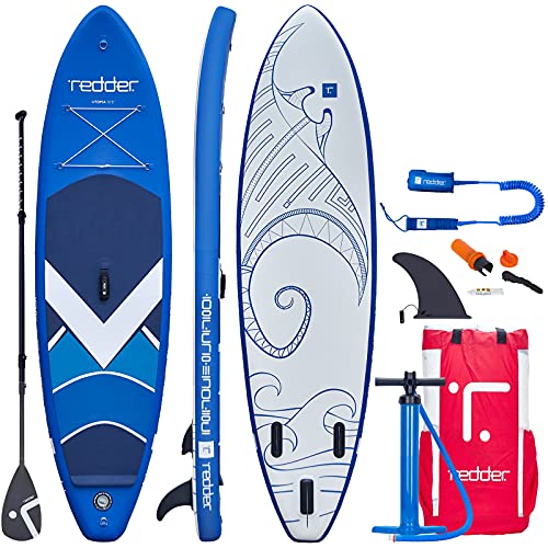 Redder - Tabla hinchable para paddle con accesorios premium SUP y bolsa de transporte | Posición ancha, aleta inferior para remar y surf | correa, paleta y bomba de mano, cubierta antideslizante | Juventud y adulto