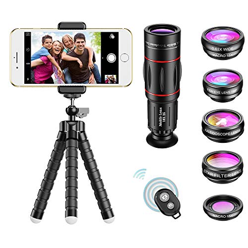 APEXEL Phone Camera Lens with 18x Telephoto Lens+Fisheye,Macro/Wide Angle Lens+Star,Kaleidoscope Filter+Tripod and Shutter 8 in 1 Cell Phone Lens Kit for iPhone and other Smartphone