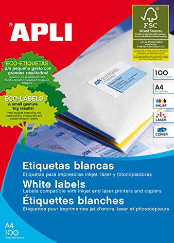 APLI 01281 Blanco - Etiquetas de impresora (Blanco, 210 x 297, 100 pieza(s), 100 hojas, A4)