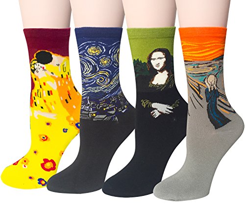 Chalier 4-6 pares de calcetines divertidos para mujer con dibujos de pintura famosa y estampados divertidos calcetines para mujer, Negro, Talla única
