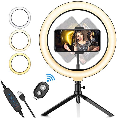 Aro de Luz LED para selfie de 10,2',Salandens Trípode Stand Control Remoto Bluetooth Soporte para Teléfono, 3 Modos de Luz y 10 Niveles de Brillo para Maquillaje, Youtube Video, Belleza y Fotografía de Moda