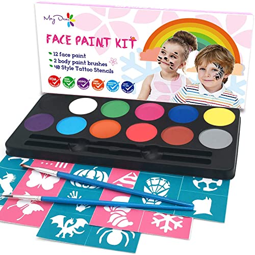 Maydear Kit de pintura facial para niños con una paleta de 12 colores a base de agua segura y no tóxica, 40 plantillas y 2 pinceles