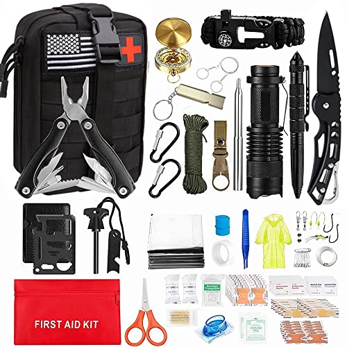 NANWEI Kit de Supervivencia de Emergencia de 118 Piezas y Kit de Primeros Auxilios de Supervivencia Profesional, Herramienta de Emergencia con Bolsa para Transportar Molle para Aventuras de Camping