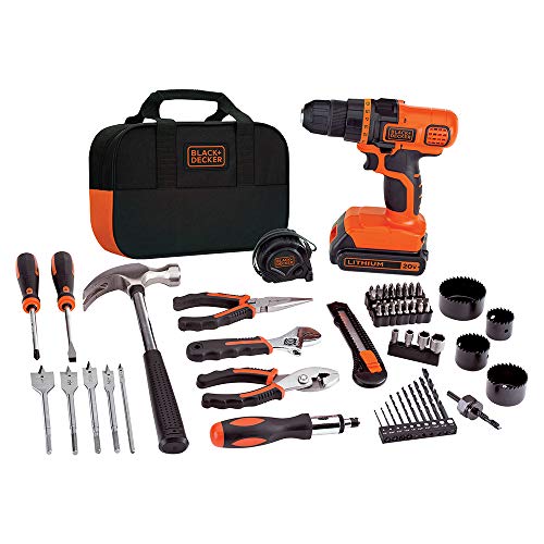 Black + Decker 20V MAX Taladro y kit de herramientas para el hogar, 68 Piezas (LDX120PK), Negro/Naranja