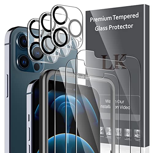 LK 6 Pack Protector de Pantalla Compatible con iPhone 12 Pro Max 6.7 Pulgada,Contiene 3 Pack Cristal Vidrio Templado y 3 Pack Protector de Lente de cámara, Doble Protección