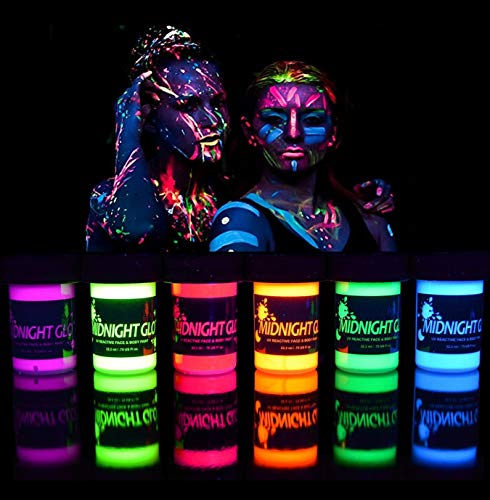 Midnight Glo Washable Non-Toxic UV/Backlight Reactive Neon Fluorescent Face and Body Paint Glow Kit, 6 Bottles (.75 oz. Each)