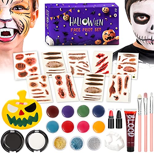 Dreamon Kit de pintura facial para Halloween, 29 piezas, kit de pintura que incluye calabaza de Halloween, esponjas, bloque de color, pintalabios, purpurina, tatuaje, dientes de vampiro, kit de maquillaje para niños y niñas