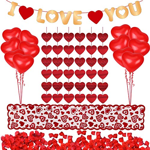 Kit de decoración para el día de San Valentín, 1000 pétalos de rosa roja, 10 globos de corazón, 6 guirnaldas de corazón con texto en inglés 'I love you', guirnalda de fieltro, camino de mesa para decoración del día de San Valentín, boda, aniversario, compromiso