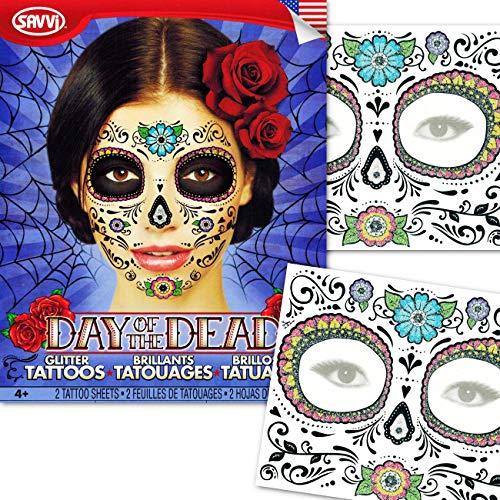 Day of the Dead Temporary Tattoos Costume Kit (Set of 2 Sugar Skull Tattoos, Flower Design) by Sugar Skull Tattoos