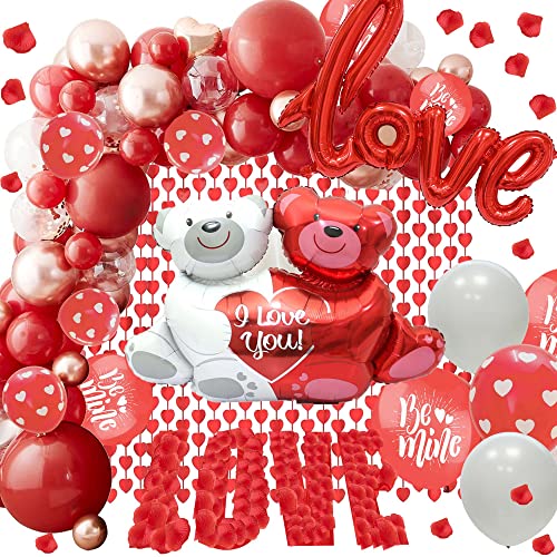 SCMDOTI - Kit de decoración de globos para el día de San Valentín, guirnalda de arco con globo de papel de aluminio de amor rojo y oso, 1000 pétalos de rosa para decoración del día de San Valentín, noche romántica, aniversario